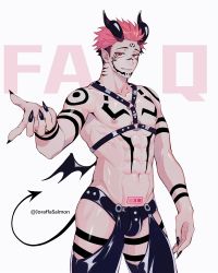 Rule 34 | 1boy, abs, arm tattoo, bdsm, biceps, bondage, bound, chest harness, chest tattoo, demon tail, demon wings, extra eyes, facial tattoo, fang, fingernails, half-closed eyes, harness, highres, horns, jujutsu kaisen, latex, leather, leg tattoo, looking at viewer, male focus, muscular, muscular male, navel, nipples, pectorals, pink hair, pointy ears, pubic tattoo, red eyes, ryoumen sukuna (jujutsu kaisen), salmon (657931354), sharp fingernails, smirk, solo, spiked hair, stomach tattoo, tail, tattoo, twitter username, undercut, wings