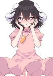 Rule 34 | 1girl, absurdres, animal ears, black hair, bright pupils, carrot necklace, cowboy shot, dress, floppy ears, hair between eyes, half-closed eyes, hands on own cheeks, hands on own face, highres, inaba tewi, jewelry, looking at viewer, necklace, open mouth, pink dress, puffy short sleeves, puffy sleeves, rabbit ears, red eyes, short hair, short sleeves, simple background, solo, standing, touhou, triangle mouth, tsukimirin, v-shaped eyebrows, white background