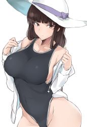Rule 34 | 1girl, absurdres, blunt bangs, breasts, brown eyes, brown hair, cowboy shot, girls und panzer, hat, highleg, highleg swimsuit, highres, large breasts, long hair, long sleeves, maruyaa (malya1006), mature female, nishizumi shiho, off shoulder, one-piece swimsuit, sidelocks, simple background, solo, sun hat, swimsuit, white background