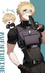 Rule 34 | 1boy, 625light, absurdres, aventurine (honkai: star rail), black pants, black shirt, black vest, blonde hair, character name, chibi, commentary, english commentary, goggles, gun, hand in pocket, highres, holding, holding gun, holding weapon, honkai: star rail, honkai (series), looking at viewer, multiple views, one eye closed, pants, purple eyes, shirt, short sleeves, vest, weapon
