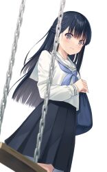 Rule 34 | 1girl, bag, black hair, black skirt, blue bag, blue neckerchief, blush, brown eyes, closed mouth, commentary request, cowboy shot, dutch angle, half updo, hands up, highres, long hair, long sleeves, looking at viewer, na-ga, neckerchief, original, pleated skirt, sailor collar, school uniform, serafuku, shirt, shoulder bag, simple background, skirt, solo, standing, straight hair, swing, wavy mouth, white background, white sailor collar, white shirt