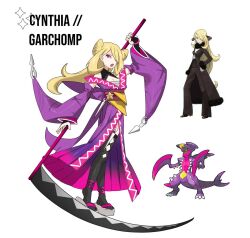 Rule 34 | 1girl, alternate color, alternate costume, alternate hairstyle, black thighhighs, blonde hair, character name, chest sarashi, commentary, creatures (company), cynthia (pokemon), english commentary, eyeshadow, game freak, garchomp, gen 4 pokemon, hair over one eye, holding, holding scythe, holding weapon, kunai, long hair, makeup, mega garchomp, mega pokemon, nintendo, official art inset, okobo, open mouth, pink eyeshadow, pokemon, pokemon (creature), pokemon dppt, reference inset, rhymewithray, sandals, sarashi, scythe, shiny pokemon, simple background, sparkle, standing, thighhighs, weapon, white background, wide sleeves