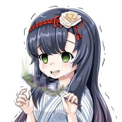 Rule 34 | 1girl, :d, black hair, censored, censored food, commentary request, crying, crying with eyes open, empty eyes, fish, green eyes, hairband, highres, japanese clothes, kantai collection, kimono, long hair, looking at viewer, matsuwa (kancolle), mosaic censoring, open mouth, saury, simple background, smile, solo, streaming tears, tears, tk8d32, trembling, white background