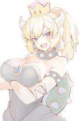 Rule 34 | 1girl, bad id, bad pixiv id, bare shoulders, black dress, blonde hair, blue eyes, blush, bowsette, bracelet, breasts, collar, crown, dress, horns, jewelry, large breasts, looking at viewer, mario (series), mobu, new super mario bros. u deluxe, nintendo, ponytail, sharp teeth, solo, spiked bracelet, spiked collar, spikes, super crown, teeth, turtle shell, v-shaped eyebrows