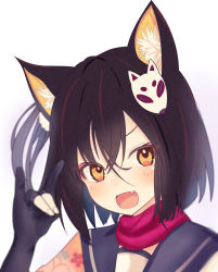 Rule 34 | 1girl, :d, animal ear fluff, animal ears, bad id, bad pixiv id, black gloves, black sailor collar, blue archive, blush, breasts, brown eyes, brown hair, commentary request, elbow gloves, fang, fox ears, fox hair ornament, gloves, hair between eyes, halo, hands up, highres, izuna (blue archive), looking at viewer, medium breasts, mitsumine raimu, neckerchief, open mouth, partially fingerless gloves, pink neckerchief, pink scarf, sailor collar, scarf, school uniform, serafuku, shirt, simple background, sleeveless, sleeveless shirt, smile, solo, two side up, upper body, user ynsm3774, white background, white shirt