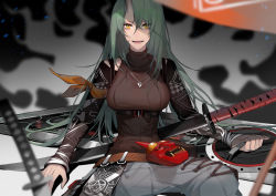 Rule 34 | 1girl, absurdres, aniao ya, arknights, arm warmers, armband, belt, black shirt, blurry, breasts, depth of field, green hair, grey pants, hair between eyes, highres, horns, hoshiguma (arknights), hoshiguma (ronin huntress) (arknights), jewelry, katana, large breasts, long hair, looking at viewer, mask, necklace, official alternate costume, oni mask, open mouth, pants, scar, scar on face, shield, shirt, single horn, sitting, skin-covered horns, sleeveless, sleeveless shirt, smile, solo, sword, taut clothes, turtleneck, weapon, yellow eyes