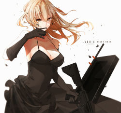 Rule 34 | 1girl, artist name, bare shoulders, biting, black dress, black gloves, blonde hair, breasts, brown eyes, character name, chinese robot kid, cleavage, collarbone, dress, elbow gloves, floating hair, girls&#039; frontline, glove biting, gloves, gun, halterneck, head tilt, highres, holding, holding weapon, large breasts, light particles, looking at viewer, lvoa-c, original, rifle, shaded face, sidelocks, simple background, solo, trigger discipline, upper body, weapon, weapon case, white background, wind, wind lift