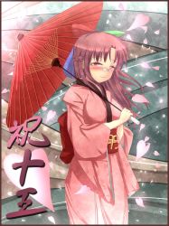 Rule 34 | 1girl, 95-tan, blush, glasses, half updo, highres, japanese clothes, kimono, oil-paper umbrella, os-tan, smile, solo, toki (tokinokogiri), tokinokogiri, umbrella