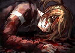 Rule 34 | 1girl, absurdres, blood, blood on clothes, blood on face, blood on ground, brown eyes, brown hair, death, gellerman, highres, jacket, lying, miharu fake, on side, open clothes, open jacket, open mouth