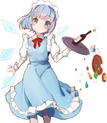 Rule 34 | 1girl, alternate costume, blue dress, blue eyes, blue hair, bottle, bow, carrot, cirno, cork, dress, enmaided, food, highres, holding, holding tray, long sleeves, maid, maid headdress, puffy long sleeves, puffy sleeves, red bow, short hair, simple background, spilling, standing, touhou, tray, waitress, white background, wine bottle, yuma (user zuft7485)