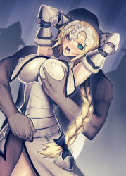 Rule 34 | 1boy, 1girl, armor, armored dress, arms up, blonde hair, blue eyes, blush, braid, grabbing another&#039;s breast, breasts, covered erect nipples, dutch angle, fate/apocrypha, fate/grand order, fate (series), gauntlets, grabbing, grabbing from behind, hair ribbon, headpiece, hetero, jeanne d&#039;arc (fate), jeanne d&#039;arc (ruler) (fate), jeanne d&#039;arc (third ascension) (fate), jonylaser, large breasts, long hair, open mouth, ribbon, single braid