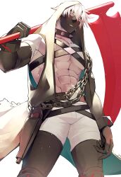 Rule 34 | 1boy, abs, bara, bare shoulders, boots, chain, character request, chest harness, copyright request, detached sleeves, feet out of frame, from below, gun, harness, hidora art, highres, holding, holding scythe, hood, hood up, hooded jacket, jacket, large pectorals, looking at viewer, male focus, mask, mouth mask, muscular, muscular male, open clothes, open jacket, over shoulder, pectorals, scythe, short hair, sleeveless, sleeveless jacket, solo, standing, stomach, thick thighs, thigh boots, thighs, weapon, weapon over shoulder