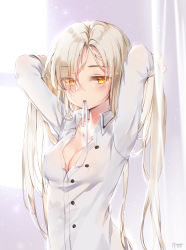 Rule 34 | 1girl, azur lane, blonde hair, blush, breasts, cleavage, collarbone, collared shirt, hair over one eye, highres, holding, holding own hair, long hair, long sleeves, looking at viewer, maya g, medium breasts, mouth hold, partially unbuttoned, ribbon, ribbon in mouth, sheffield (azur lane), shirt, solo, very long hair, white shirt, yellow eyes