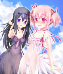 Rule 34 | 10s, 2girls, :d, akemi homura, black hair, blush, breasts, choker, covered erect nipples, day, embarrassed, frills, hair ribbon, kaname madoka, lingerie, long hair, looking at viewer, mahou shoujo madoka magica, mahou shoujo madoka magica (anime), multiple girls, negligee, nipples, open mouth, outdoors, pink eyes, pink hair, purple eyes, ribbon, see-through, short hair, short twintails, skf, small breasts, smile, twintails, underwear, yuri