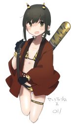 Rule 34 | 1girl, absurdres, animal print, baseball bat, bikini, black eyes, black gloves, black hair, cowboy shot, cropped legs, flat chest, fubuki (kancolle), gloves, happi, highres, horns, japanese clothes, kantai collection, long hair, low ponytail, ma rukan, oni horns, ponytail, print bikini, short ponytail, sidelocks, simple background, solo, swimsuit, tiger print, translation request, white background