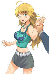Rule 34 | 00s, 1girl, :o, a1 (initial-g), ahoge, belt, blonde hair, camisole, green eyes, holding hands, hoshii miki, idolmaster, idolmaster (classic), idolmaster 1, long hair, midriff, miniskirt, navel, open mouth, sidelocks, simple background, skirt, solo focus, standing, sweat, tank top