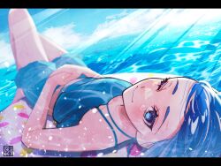 Rule 34 | 1girl, afloat, aoi tete, bikini, bikini shorts, blue bikini, blue sky, cloud, cloudy sky, day, hands on own stomach, highres, hirogaru sky! precure, letterboxed, looking at viewer, looking back, lying, ocean, on back, on innertube, one eye closed, outdoors, own hands together, precure, shorts, sky, solo, sora harewataru, sunlight, swimsuit