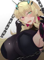 Rule 34 | 1girl, absurdres, bare shoulders, black dress, blonde hair, blush, breasts, chain, dress, barghest (fate), barghest (second ascension) (fate), fate/grand order, fate (series), green eyes, heterochromia, highres, horns, kankitsu kei, large breasts, long hair, looking at viewer, open mouth, red eyes, solo