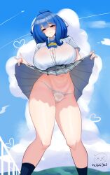 Rule 34 | 1girl, absurdres, artist logo, artist name, belly, blue hair, blush, breasts, cleft of venus, clothes lift, cloud, contrail, hetani312, highres, huge breasts, looking at viewer, lowleg, lowleg panties, make heroine ga oo sugiru!, navel, panties, school uniform, see-through clothes, see-through shirt, shirt, skirt, skirt lift, socks, thick thighs, thighs, underwear, white panties, yanami anna