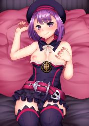 Rule 34 | 1girl, belt, black dress, black hat, black thighhighs, blush, breasts, breasts out, clothes pull, detached collar, dress, dress pull, fate/grand order, fate (series), hat, helena blavatsky (fate), highres, looking at viewer, medium breasts, nipples, purple eyes, purple hair, short dress, short hair, smile, solo, thighhighs, thighs, utani (punishment)
