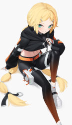 Rule 34 | 1girl, absurdres, black hoodie, black pants, black shirt, black survival, blonde hair, blue eyes, breasts, chain, covered collarbone, cropped hoodie, cropped shirt, eternal return: black survival, fingerless gloves, gloves, hair ornament, hairclip, highres, hood, hoodie, long hair, looking at viewer, midriff, multi-tied hair, navel, nicky blake, official alternate costume, pants, pouch, shirt, simple background, small breasts, smile, solo, takealook, thigh pouch, thighs, twintails, very long hair, white background