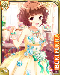 Rule 34 | 1girl, :d, bow, brown eyes, brown hair, card (medium), chair, church, day, dress, flower, fukita ibuki, girlfriend (kari), green bow, green hair, hair flower, hair ornament, hand on own chest, holding, indoors, official art, open mouth, qp:flapper, rose, short hair, smile, solo, tagme, wedding dress, white flower, white rose, yellow bow, yellow dress