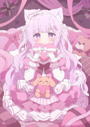 Rule 34 | 1girl, animal ear fluff, animal ears, blush, box, box of chocolates, cat ears, cat girl, cat tail, closed mouth, commentary, dress, hair ornament, heart, heart-shaped box, heart hair ornament, highres, long hair, long sleeves, looking at viewer, original, pink dress, pink eyes, pink hair, pink theme, smile, solo, split mouth, straight-on, stuffed animal, stuffed toy, symbol-only commentary, tail, teddy bear, tyomimas, valentine, very long hair