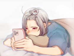 Rule 34 | 1girl, alternate costume, alternate hairstyle, bad id, bad twitter id, bed, bed sheet, cellphone, forehead, hapi pippi, highres, holding, holding phone, looking at phone, lying, mole, mole under eye, nijisanji, on bed, pajamas, parted bangs, phone, pillow, purple eyes, silver hair, smartphone, sukoya kana, tearing up, under covers, virtual youtuber