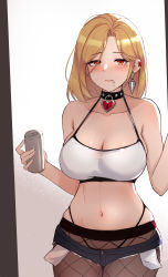 Rule 34 | 1girl, absurdres, alcohol, alternate breast size, beer, beer can, black survival, blonde hair, blush, breasts, can, choker, cleavage, drink can, earrings, fishnet pantyhose, fishnets, hart floyd, highres, jewelry, kisa (leg3043), large breasts, looking at viewer, medium hair, micro shorts, midriff, navel, orange eyes, pantyhose, pantyhose under shorts, piercing, see-through, see-through legwear, shorts, single earring, solo, tank top, thong