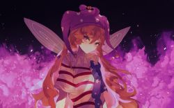 Rule 34 | 1girl, american flag dress, american flag shirt, annoyed, blonde hair, clownpiece, dress, fairy, fairy wings, fire, frilled shirt collar, frills, hat, highres, jester cap, long hair, looking at viewer, naufaldreamer, neck ruff, pink eyes, polka dot, polka dot headwear, purple fire, short sleeves, solo, star (symbol), star print, striped clothes, striped dress, touhou, transparent wings, upper body, very long hair, wings