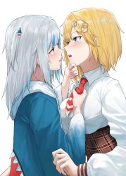 Rule 34 | 2girls, amesame, blonde hair, blue eyes, blue hair, blush, breasts, eye contact, gawr gura, grey hair, hair ornament, hairpin, highres, hololive, hololive english, holomyth, hood, hoodie, imminent kiss, kaze 22, looking at another, medium breasts, multicolored hair, multiple girls, necktie, plaid, plaid skirt, red necktie, shark girl, skirt, streaked hair, streamers, tagme, virtual youtuber, watson amelia, white background, white hair, yuri