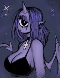 Rule 34 | 1girl, black eyes, breasts, cleavage, closed mouth, colored skin, cross, cross necklace, cyclops, demon girl, earrings, highres, horns, jewelry, large breasts, looking at viewer, matilda fiship, necklace, one-eyed, original, pointy ears, purple hair, purple skin, runny makeup, signature, single horn, solo, tail, upper body, wings