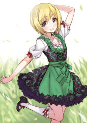 Rule 34 | 1girl, blonde hair, bow, dirndl, dress, erica hartmann, frills, german clothes, grass, grey eyes, leg up, matsuryuu, revision, ribbon, short hair, smile, socks, solo, strike witches, traditional clothes, world witches series