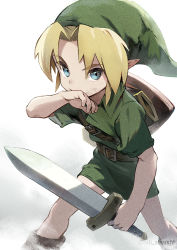 Rule 34 | 1boy, artist name, belt, blanco026, blonde hair, blue eyes, brown belt, feet out of frame, green headwear, green shirt, green skirt, hand up, hat, highres, holding, holding weapon, left-handed, link, nintendo, pointy ears, sheath, shield, shield on back, shirt, short sleeves, skirt, sword, the legend of zelda, unsheathed, weapon, wiping mouth, young link