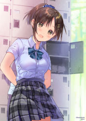 Rule 34 | 1girl, arms behind back, blush, bow, breasts, brown eyes, brown hair, commentary request, getabako, hair bow, hair ornament, hairclip, hanekoto, holding, looking at viewer, medium breasts, open mouth, original, plaid, plaid skirt, school uniform, shoes, short sleeves, skirt, solo, uwabaki