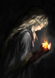 Rule 34 | 1girl, absurdres, blonde hair, breasts, brown gloves, cloak, closed mouth, commentary request, covered eyes, dark, dark background, dark souls (series), dark souls iii, expressionless, fingerless gloves, fire, fire keeper, fire, from side, gloves, hands up, highres, holding, long hair, looking down, medium breasts, profile, shimoda masaya, solo, upper body, wide sleeves