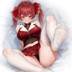 Rule 34 | 1girl, artist request, bare shoulders, bed sheet, black panties, blush, breasts, cameltoe, feet, grin, hair ribbon, heterochromia, hololive, houshou marine, large breasts, leg up, looking at viewer, lying, midriff, on back, panties, red eyes, red hair, ribbon, shirt, short twintails, skirt, sleeveless, sleeveless shirt, smile, soles, solo, spread legs, thighhighs, twintails, underwear, virtual youtuber, yellow eyes