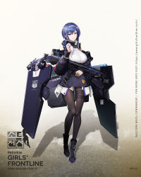 Rule 34 | 1girl, badge, baggy clothes, ballistic shield, black footwear, black pantyhose, blue hair, boots, braid, breasts, bullpup, character name, double-barreled shotgun, dp-12 (girls&#039; frontline), drone, full body, girls&#039; frontline, grey eyes, gun, hair over shoulder, hairband, highres, holding, jacket, large breasts, multicolored hair, multiple-barrel firearm, official art, pandea work, pantyhose, playing with own hair, pump-action shotgun, pump action, purple jacket, purple skirt, shield, shotgun, side-by-side-barreled shotgun, single braid, skirt, sleeveless, smile, solo, standard manufacturing dp-12, standing, thigh strap, turtleneck, unmanned aerial vehicle, vertical forward grip, watermark, weapon, white hair, white hairband