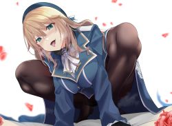 Rule 34 | 1boy, 1girl, all fours, atago (kancolle), beret, black pantyhose, blonde hair, blue hat, blurry, blush, breasts, breath, commission, depth of field, endou (zettai bluenoid), flower, gloves, hair between eyes, hat, heavy breathing, hetero, kantai collection, large breasts, long hair, looking at viewer, military, military uniform, open mouth, pantyhose, petals, saliva, skeb commission, solo, solo focus, squatting, steaming body, tongue, tongue out, uniform