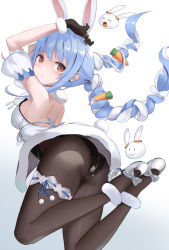 Rule 34 | 1girl, absurdres, ass, bare shoulders, blue hair, blush, braid, breasts, carrot, dress, from behind, from below, gloves, highres, hololive, leotard, long hair, looking at viewer, looking back, medium breasts, multicolored hair, namelessdays, pantyhose, playboy bunny, rabbit ears, rabbit tail, red eyes, shiny clothes, shiny skin, short dress, sideboob, solo, tail, twin braids, usada pekora, very long hair, virtual youtuber, white hair
