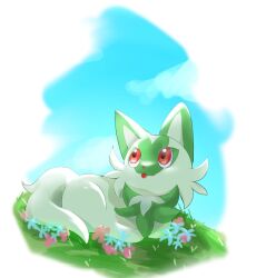Rule 34 | animal focus, border, commentary request, creatures (company), day, flower, full body, game freak, grass, highres, looking up, nintendo, no humans, outdoors, pokemon, pokemon (creature), red eyes, sky, solo, sprigatito, ukocome, white border