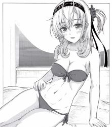 Rule 34 | 1girl, alternate costume, arm support, bikini, breasts, cleavage, front-tie top, greyscale, h2 (h20000000), hachimaki, hair between eyes, hand on own hip, headband, headgear, kantai collection, large breasts, looking at viewer, lying, medium hair, monochrome, navel, on side, side-tie bikini bottom, smile, solo, suzutsuki (kancolle), swimsuit