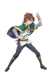 Rule 34 | 1boy, absurdres, arm up, belt, black pants, boots, brown belt, brown footwear, brown hair, cape, closed mouth, green cape, green eyes, hair between eyes, highres, holding, holding knife, knife, kono subarashii sekai ni shukufuku wo!, legs apart, long sleeves, looking at viewer, male focus, official art, pants, satou kazuma, shirt, short hair, simple background, smile, solo, standing, tachi-e, transparent background, v-shaped eyebrows, white shirt