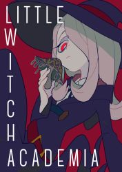 Rule 34 | 1girl, copyright name, hair over one eye, hat, little witch academia, long hair, looking at viewer, nakaba (mode), purple hair, red eyes, robe, solo, sucy manbavaran, witch, witch hat