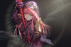 Rule 34 | 1girl, absurdres, arm up, between breasts, bodysuit, breasts, closed mouth, commentary request, cosplay, fate/grand order, fate (series), gae bolg (fate), highres, holding, long hair, medb (fate), medium breasts, pink hair, purple bodysuit, rolua, scathach (fate), scathach (fate) (cosplay), solo, veil, very long hair, yellow eyes