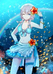 Rule 34 | 1girl, ;), alternate costume, apron, bare shoulders, bead necklace, beads, bikini, blue bikini, blue bow, blue eyes, blue thighhighs, bow, braid, breasts, bubble, cleavage, closed mouth, collarbone, coral reef, fish, flower, front-tie top, groin, hair bow, hibiscus, highres, izayoi sakuya, jewelry, maid headdress, medium breasts, navel, necklace, one eye closed, sakizaki saki-p, sarong, silver hair, single thighhigh, smile, solo, stomach, swimsuit, thighhighs, touhou, twin braids, underwater, waist apron, wrist cuffs