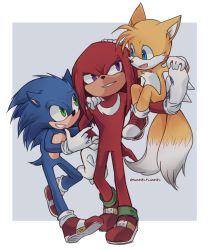 Rule 34 | 3boys, absurdres, artist name, blue eyes, carrying over shoulder, commentary, english commentary, furry, furry male, gloves, green eyes, grey background, grin, hand on another&#039;s hand, hand on another&#039;s head, hand on another&#039;s shoulder, highres, knuckles the echidna, looking at another, multiple boys, multiple tails, nannelflannel, no humans, open mouth, purple eyes, red footwear, simple background, sitting on shoulder, slit pupils, smile, sonic (live action), sonic (series), sonic the hedgehog, sonic the hedgehog (film), sonic the hedgehog 2 (film), standing, tail, tails (sonic), twitter username, white background, white gloves