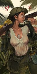 Rule 34 | 1girl, absurdres, belt, belt pouch, between breasts, black hair, blue eyes, boonie hat, breasts, commentary request, covered erect nipples, covered navel, dark-skinned female, dark skin, day, dog tags, explosive, gloves, green hat, green legwear, green vest, grenade, hat, highres, hot, jungle, load bearing vest, looking afar, medium breasts, military, military uniform, nature, no bra, nose, open clothes, open vest, original, over shoulder, palm tree, parted lips, pouch, pump action, republic of korea army, rifleman1130, see-through, see-through shirt, shirt, short hair, shotgun shell, single glove, soldier, solo, sweat, t-shirt, teeth, tree, uniform, upper teeth only, vest, weapon, weapon over shoulder, wet, wet clothes, wet shirt, white shirt, yellow gloves