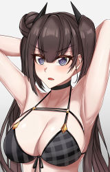 Rule 34 | 1girl, airbo, armpits, arms behind head, arms up, bikini, black bikini, black ribbon, blush, breasts, brown hair, cleavage, collarbone, front-tie bikini top, front-tie top, girls&#039; frontline, hair bun, highres, large breasts, long hair, looking at viewer, open mouth, ouroboros (girls&#039; frontline), purple eyes, ribbon, side bun, simple background, single hair bun, single side bun, skindentation, solo, swimsuit, twintails, upper body, v-shaped eyebrows, white background