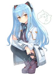 Rule 34 | 1girl, :o, animal ears, black shirt, black skirt, black thighhighs, blue hair, blush, boots, brown eyes, brown footwear, brown vest, cat ears, collared shirt, commentary request, eiyuu densetsu, fake animal ears, falcom, full body, garter straps, hair between eyes, hajime kaname, head tilt, highres, jacket, long hair, long sleeves, looking at viewer, open clothes, open jacket, parted lips, pleated skirt, shirt, simple background, skirt, solo, squatting, thighhighs, tio plato, very long hair, vest, white background, white jacket, zero no kiseki